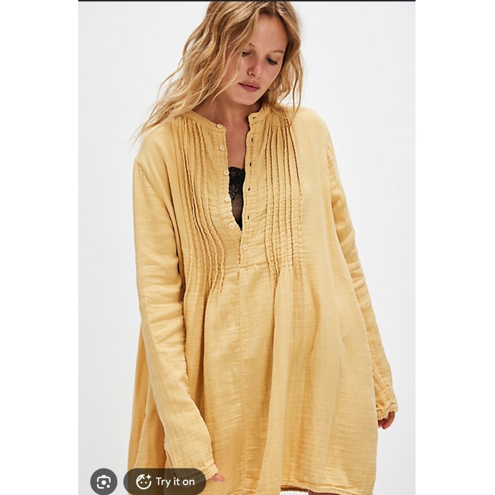 Free People x CP Shades Yoko Tunic Mustard Yellow Cotton Gauze Pintuck Top- S